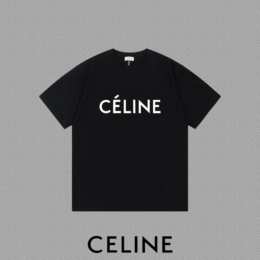 🅿️170 ✨🔥 [CELINE] 2025FW short-sleeved T-shirt, silicone thick plate letter LOGO, high-end 26s double yarn 300g fabric, heavy fabric, custom stretcher rib, same cylinder and dye, complete three standards, same style for men and women, color: black, white, size: S M L XL 2XL