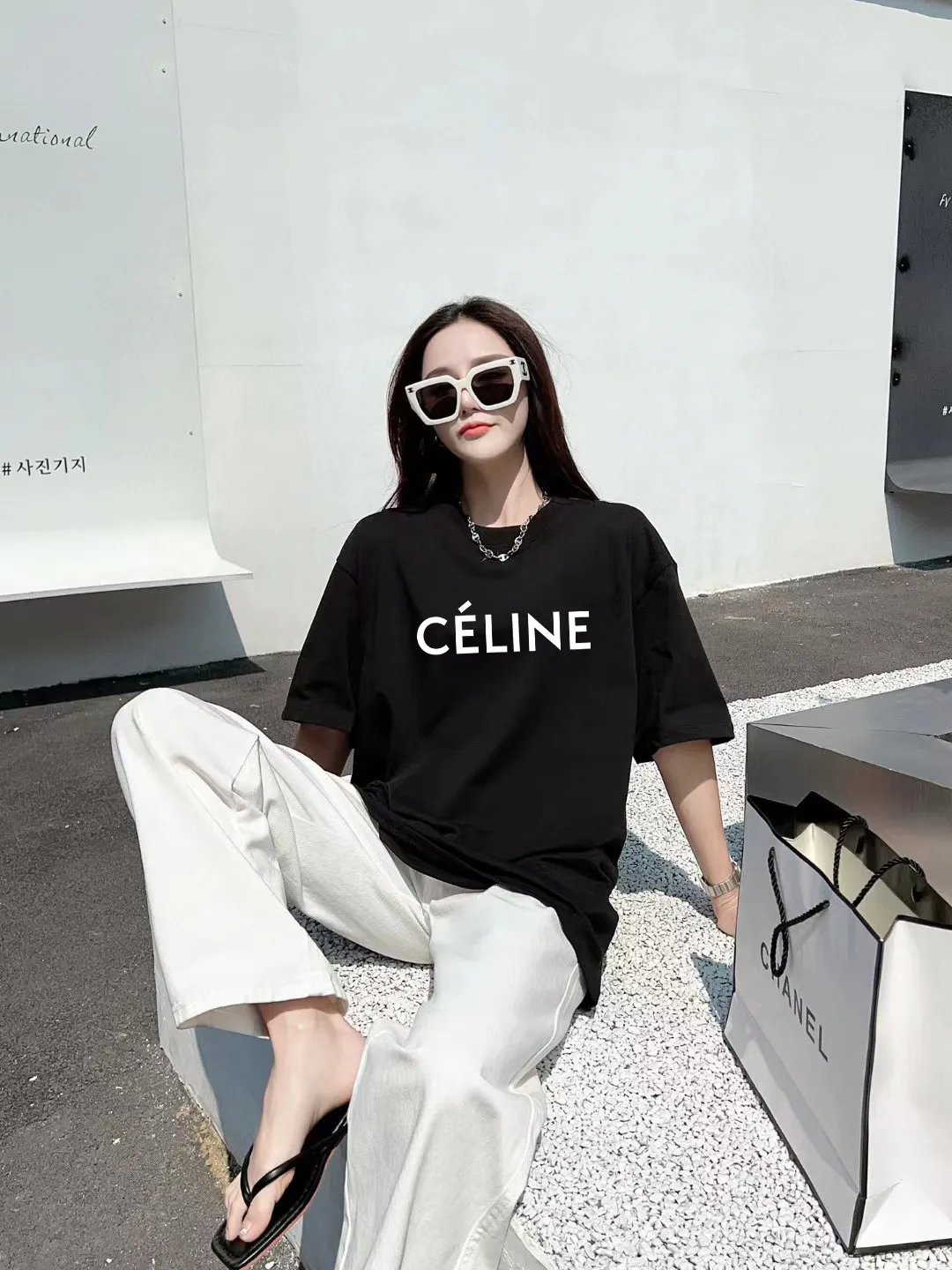 🅿️170 ✨🔥 [CELINE] 2025FW short-sleeved T-shirt, silicone thick plate letter LOGO, high-end 26s double yarn 300g fabric, heavy fabric, custom stretcher rib, same cylinder and dye, complete three standards, same style for men and women, color: black, white, size: S M L XL 2XL