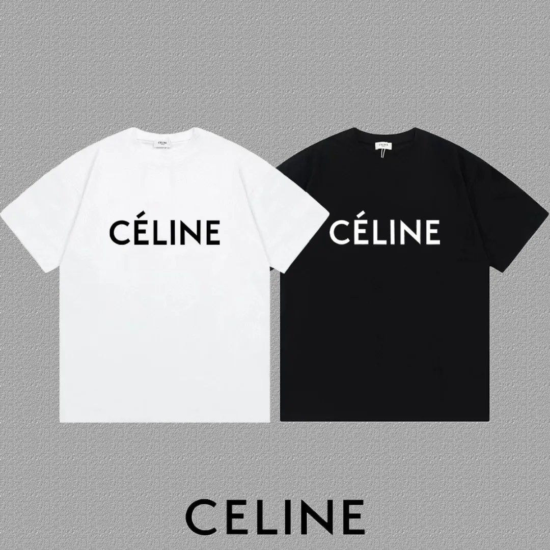 🅿️170 ✨🔥 [CELINE] 2025FW short-sleeved T-shirt, silicone thick plate letter LOGO, high-end 26s double yarn 300g fabric, heavy fabric, custom stretcher rib, same cylinder and dye, complete three standards, same style for men and women, color: black, white, size: S M L XL 2XL