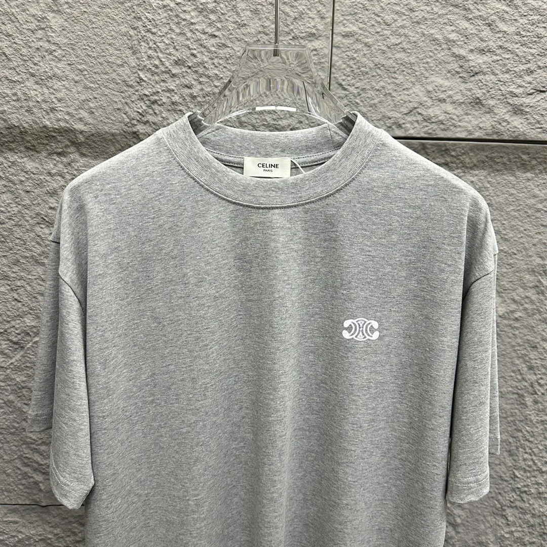 🅿️180 Celi* Celine 2025 Spring and Summer Style Simple letter small embroidery personalized logo Customized double yarn plain cotton fabric Short-sleeved T-shirt Uniform for men and women Color: Black White Angora Red Floral Gray Size: S (90-130 catties) M (120-150 catties) L (140-165 catties) XL (160-180 catties) XXL (180-210 pounds)