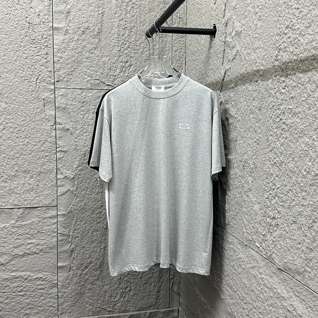 🅿️180 Celi* Celine 2025 Spring and Summer Style Simple letter small embroidery personalized logo Customized double yarn plain cotton fabric Short-sleeved T-shirt Uniform for men and women Color: Black White Angora Red Floral Gray Size: S (90-130 catties) M (120-150 catties) L (140-165 catties) XL (160-180 catties) XXL (180-210 pounds)