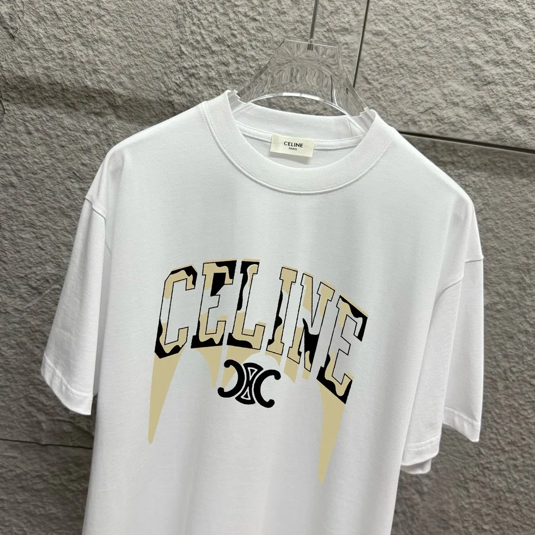 🅿️180 Celi* Celine 2025 spring and summer style Simple letter printing personalized logo Customized double yarn plain cotton fabric Short-sleeved T-shirt Unisex Size: S (90-130 catties) M (120-150 catties) L (140-165 catties) XL (160-180 catties) XXL (180-210 catties) Color: black white