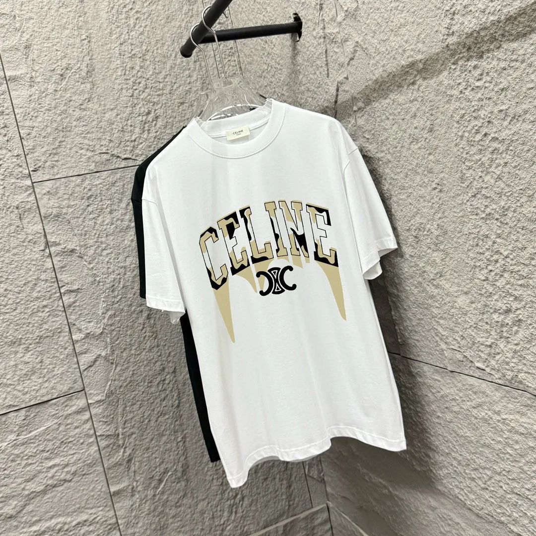 🅿️180 Celi* Celine 2025 spring and summer style Simple letter printing personalized logo Customized double yarn plain cotton fabric Short-sleeved T-shirt Unisex Size: S (90-130 catties) M (120-150 catties) L (140-165 catties) XL (160-180 catties) XXL (180-210 catties) Color: black white