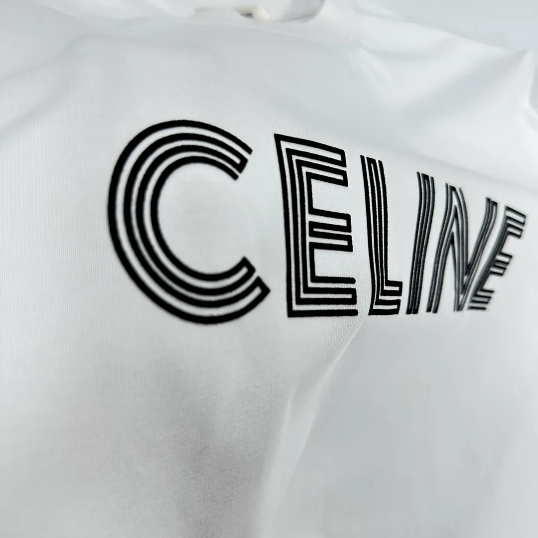 🅿️180 Celi*ne 2025 spring and summer style, simple letters, flocking technology, personalized logo, customized double yarn plain cotton fabric, short-sleeved T-shirt, same style for men and women. Size: S (90-130 catties) M (120-150 catties) L (140-165 catties) XL (160-180 catties) XXL (180-210 pounds) Color: black white