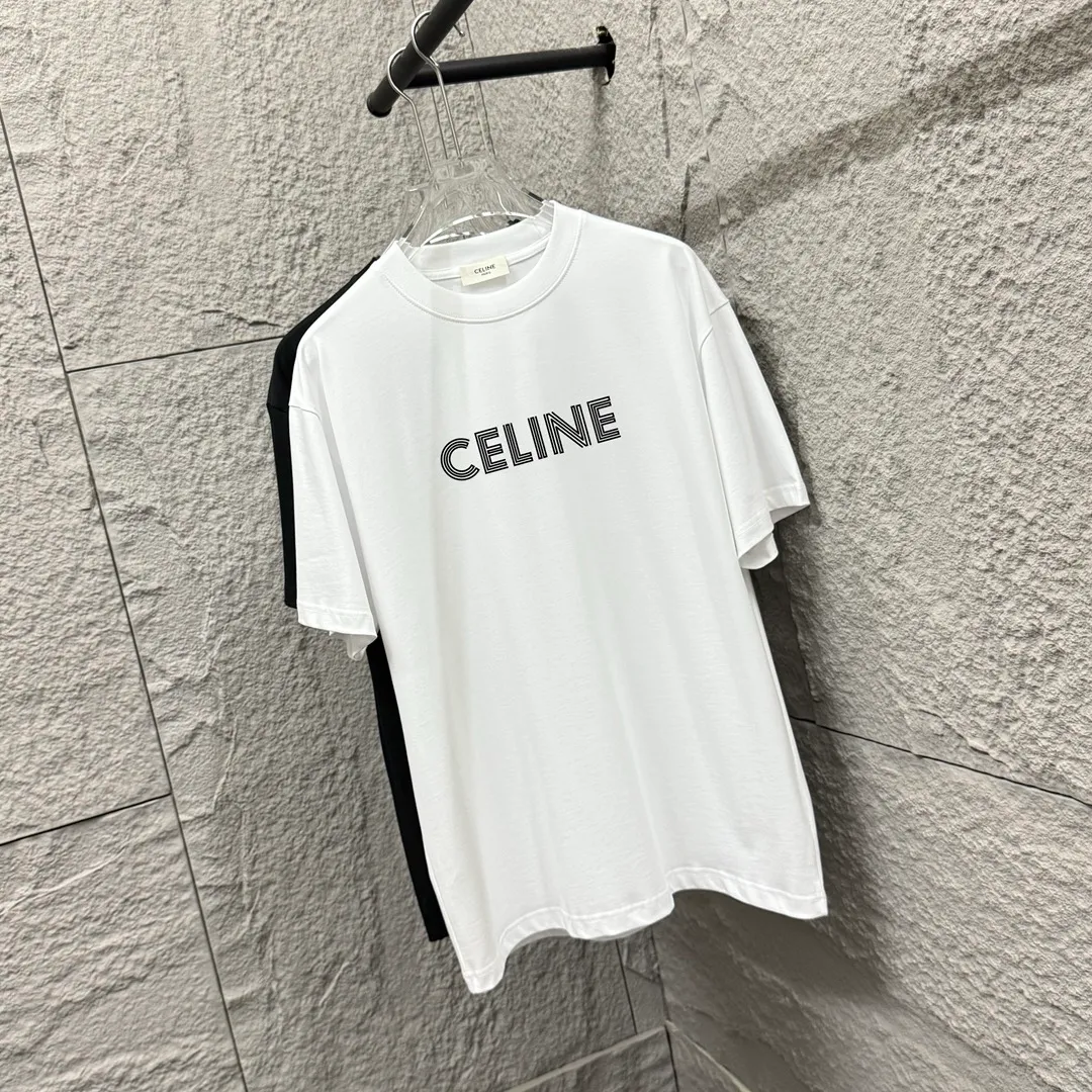 🅿️180 Celi*ne 2025 spring and summer style, simple letters, flocking technology, personalized logo, customized double yarn plain cotton fabric, short-sleeved T-shirt, same style for men and women. Size: S (90-130 catties) M (120-150 catties) L (140-165 catties) XL (160-180 catties) XXL (180-210 pounds) Color: black white