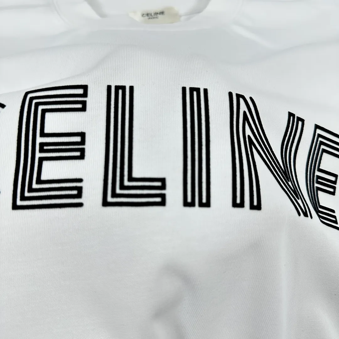 🅿️180 Celi*ne 2025 spring and summer style, simple letters, flocking technology, personalized logo, customized double yarn plain cotton fabric, short-sleeved T-shirt, same style for men and women. Size: S (90-130 catties) M (120-150 catties) L (140-165 catties) XL (160-180 catties) XXL (180-210 pounds) Color: black white