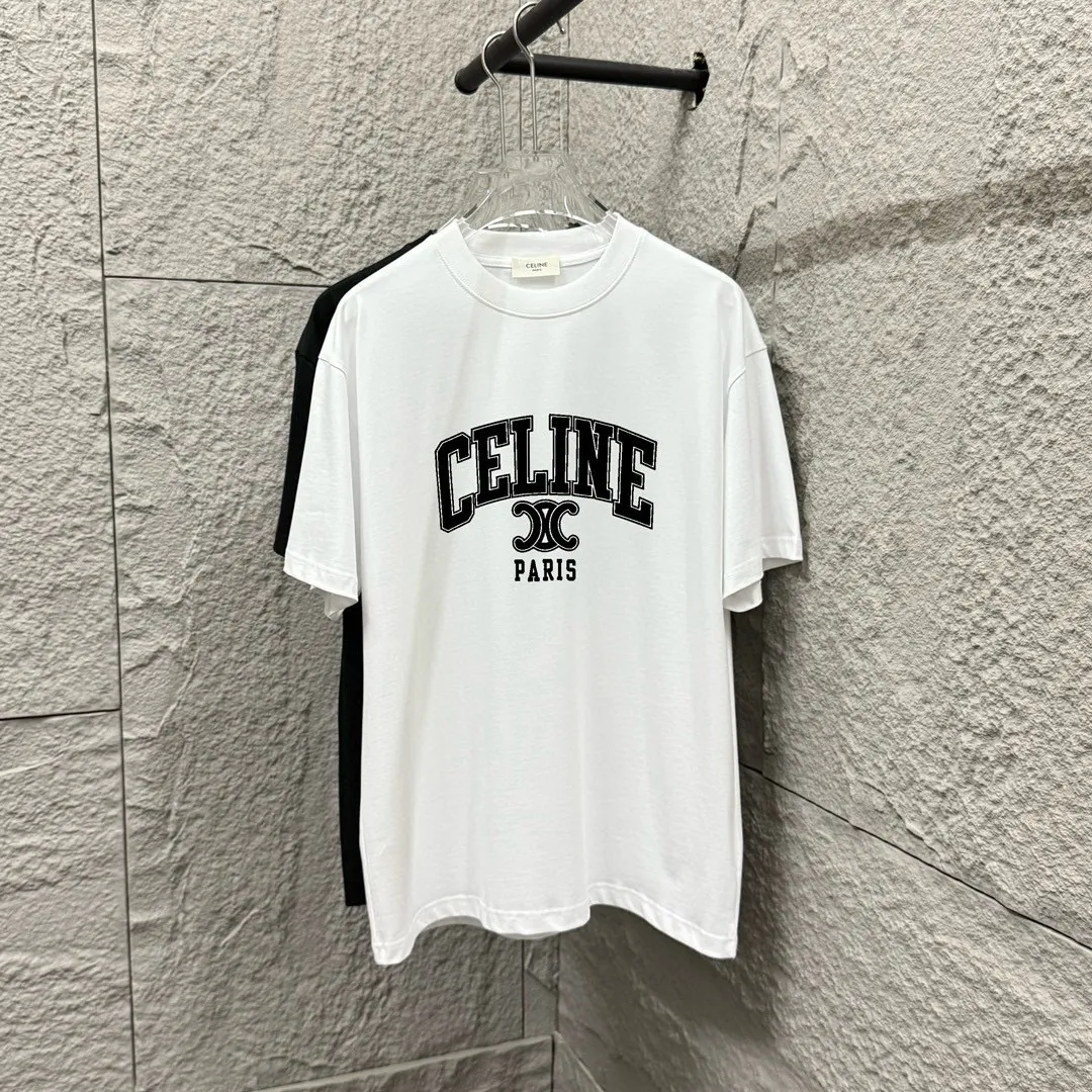 🅿️180 Celi* Celine 2025 spring and summer style Simple letter printing personalized logo Customized double yarn plain cotton fabric Short-sleeved T-shirt Unisex Size: S (90-130 catties) M (120-150 catties) L (140-165 catties) XL (160-180 catties) XXL (180-210 catties) Color: black white