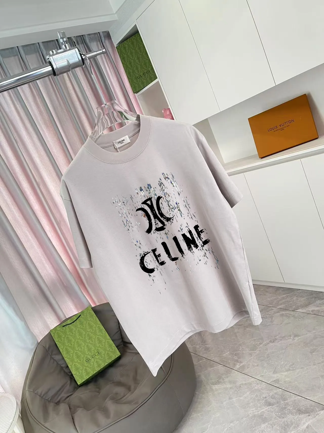 🅿️170 Celine Celine 2025 summer new style personalized letter logo printing customized fabric 300g short-sleeved T-shirt same style for men and women Size: S M L XL XXL five sizes Color: black white pink iron gray