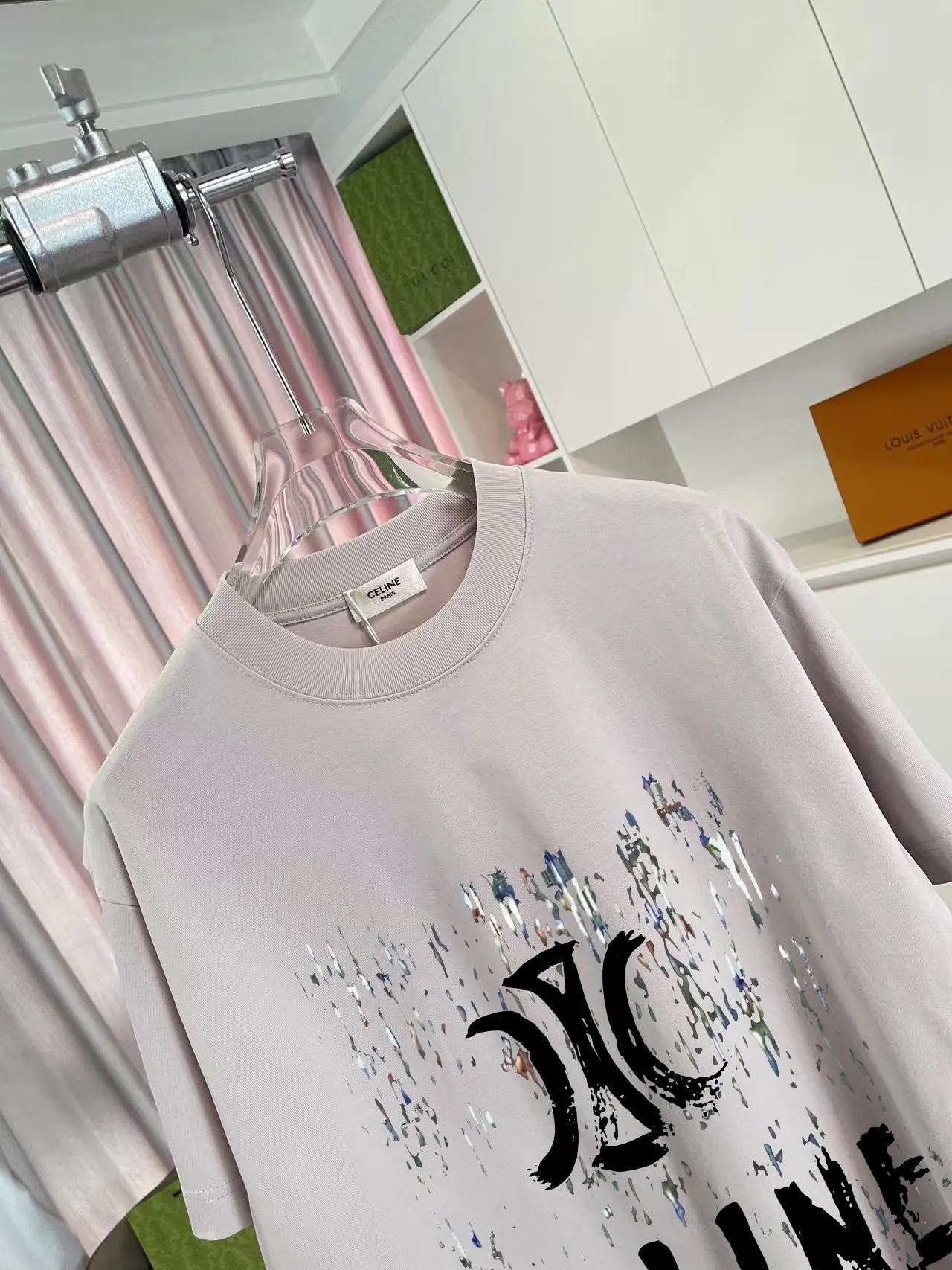 🅿️170 Celine Celine 2025 summer new style personalized letter logo printing customized fabric 300g short-sleeved T-shirt same style for men and women Size: S M L XL XXL five sizes Color: black white pink iron gray