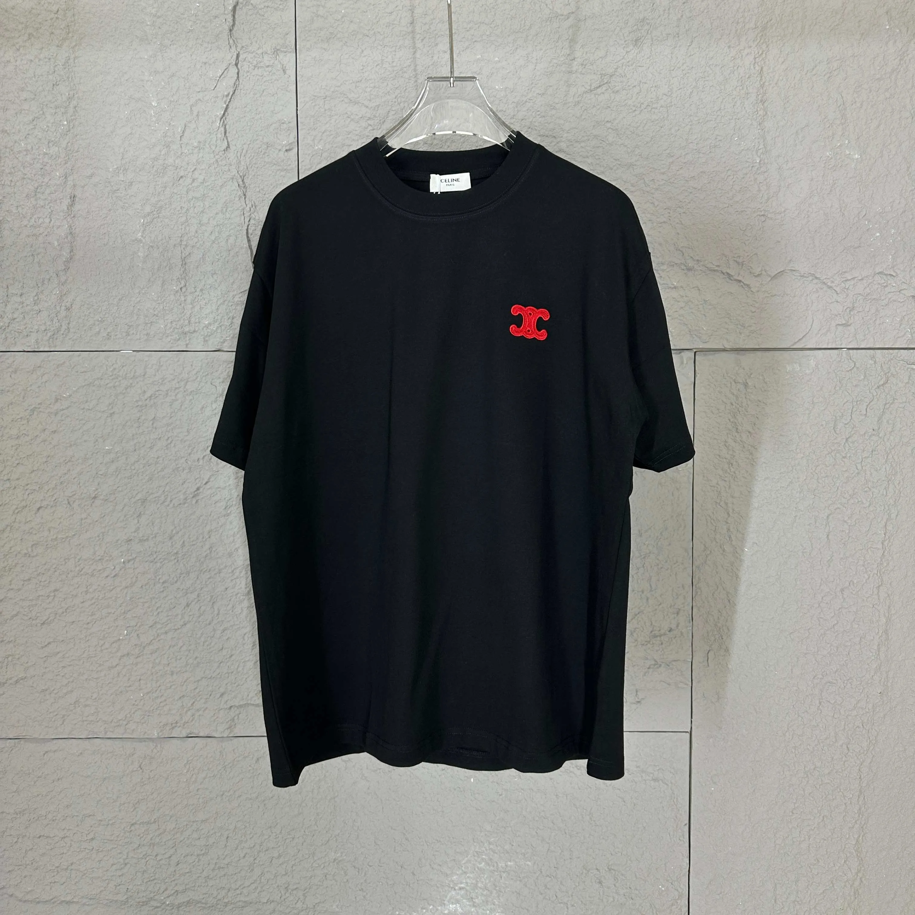 🅿️180 Celi* Celi Celin 2025 spring and summer style Simple double C red letter embroidery personalized logo Customized double yarn plain cotton fabric Short-sleeved T-shirt Unisex Size: S (90-130 catties) M (120-150 catties) L (140-165 catties) XL (160-180 catties) XXL (180-210 pounds) Color: black white