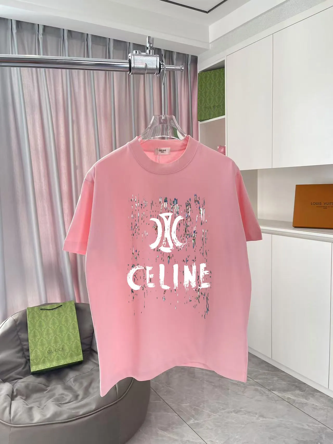 🅿️170 Celine Celine 2025 summer new style personalized letter logo printing customized fabric 300g short-sleeved T-shirt same style for men and women Size: S M L XL XXL five sizes Color: black white pink iron gray