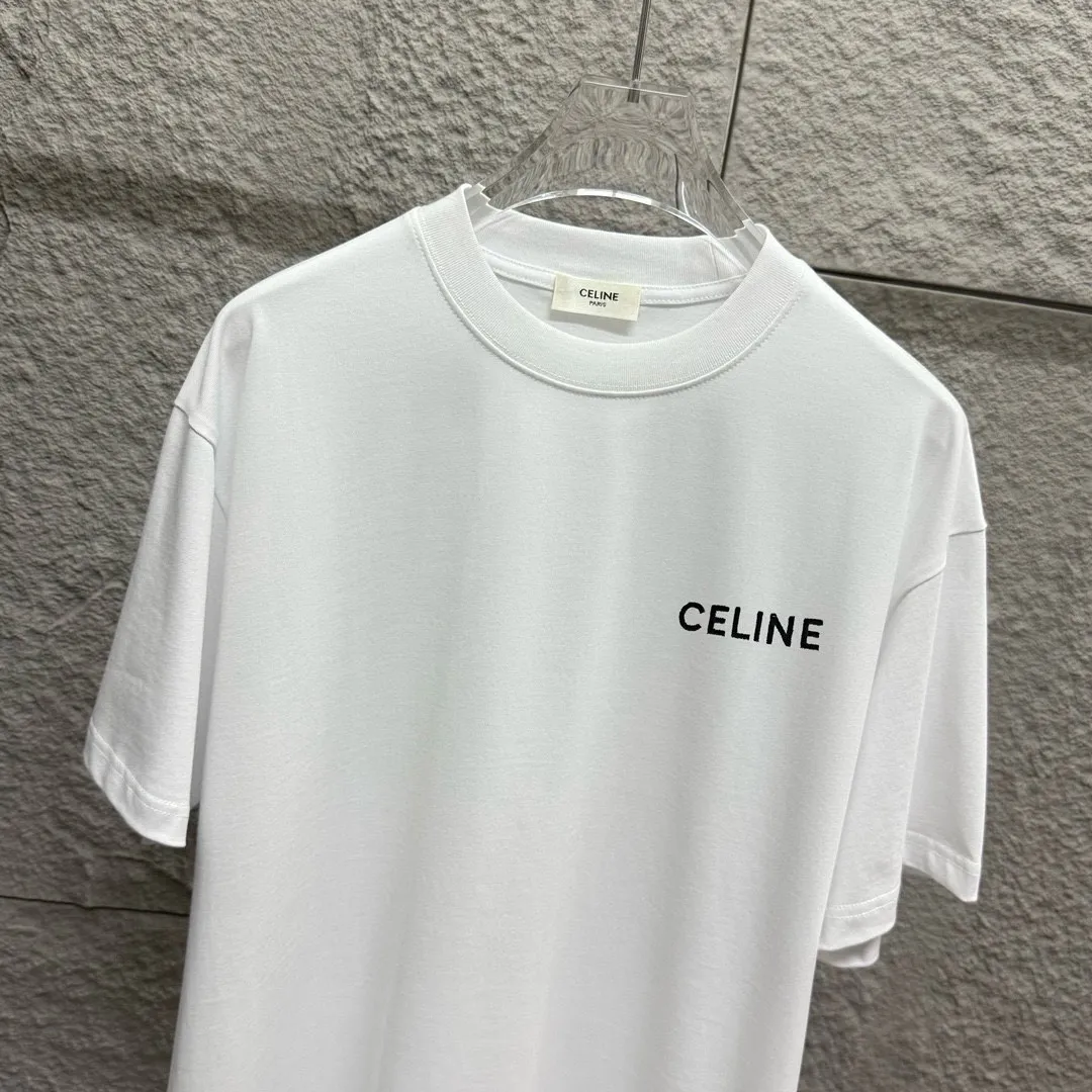 🅿️180 Celi* Celine 2025 spring and summer style Simple letter embroidery personalized logo Customized double yarn plain cotton fabric Short-sleeved T-shirt Unisex Size: S (90-130 catties) M (120-150 catties) L (140-165 catties) XL (160-180 catties) XXL (180-210 catties) Color: black white
