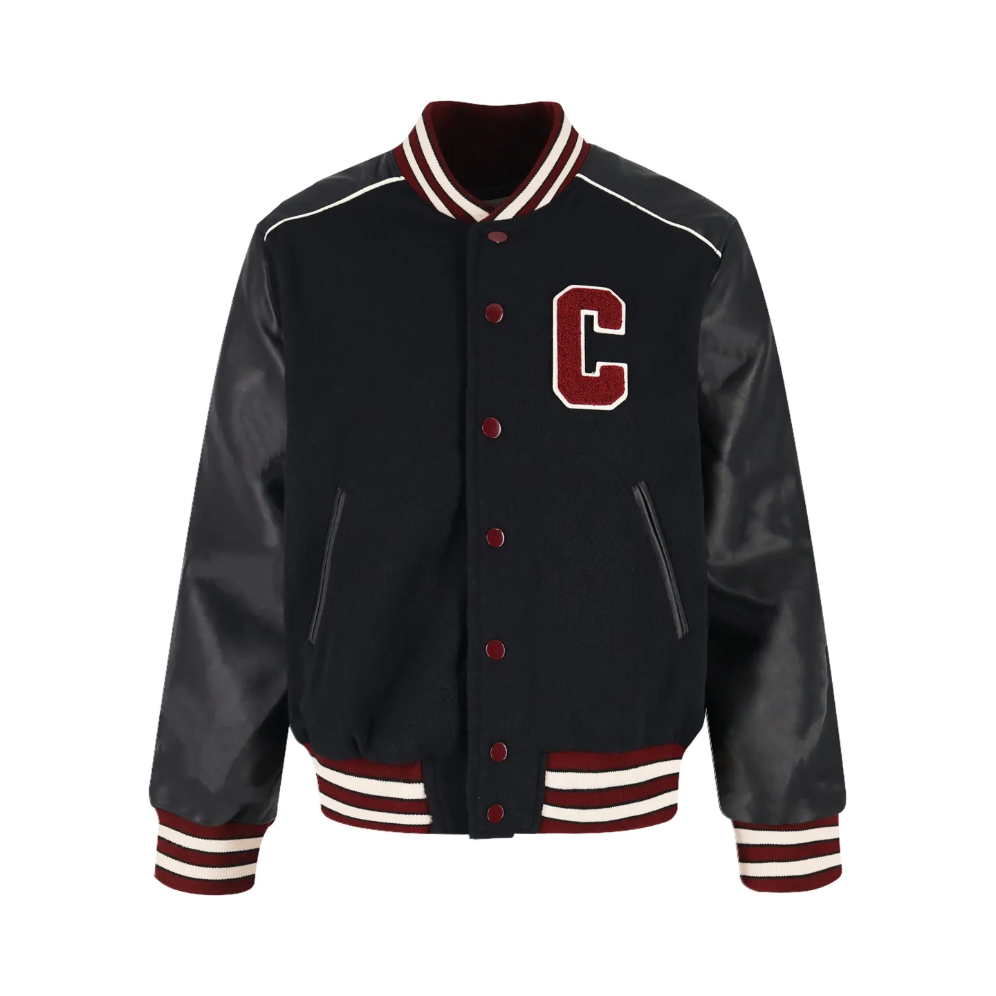 🅿️1160 [Exclusive supply] Celine wool sheepskin baseball jacket. The main body fabric is made of 90% pure wool woolen solid color processing. Wool threads are made on a flat machine. The sides of the shoulders are made of pure sheepskin dyed black and cut by hand. The sleeves are made of imported uncoated cotton sheepskin, and the two Cs on the front and back are embroidered with high-density seals. The color is consistent with the body leather. Silk lining Comes standard with dust bag. Size:46-48-50-52