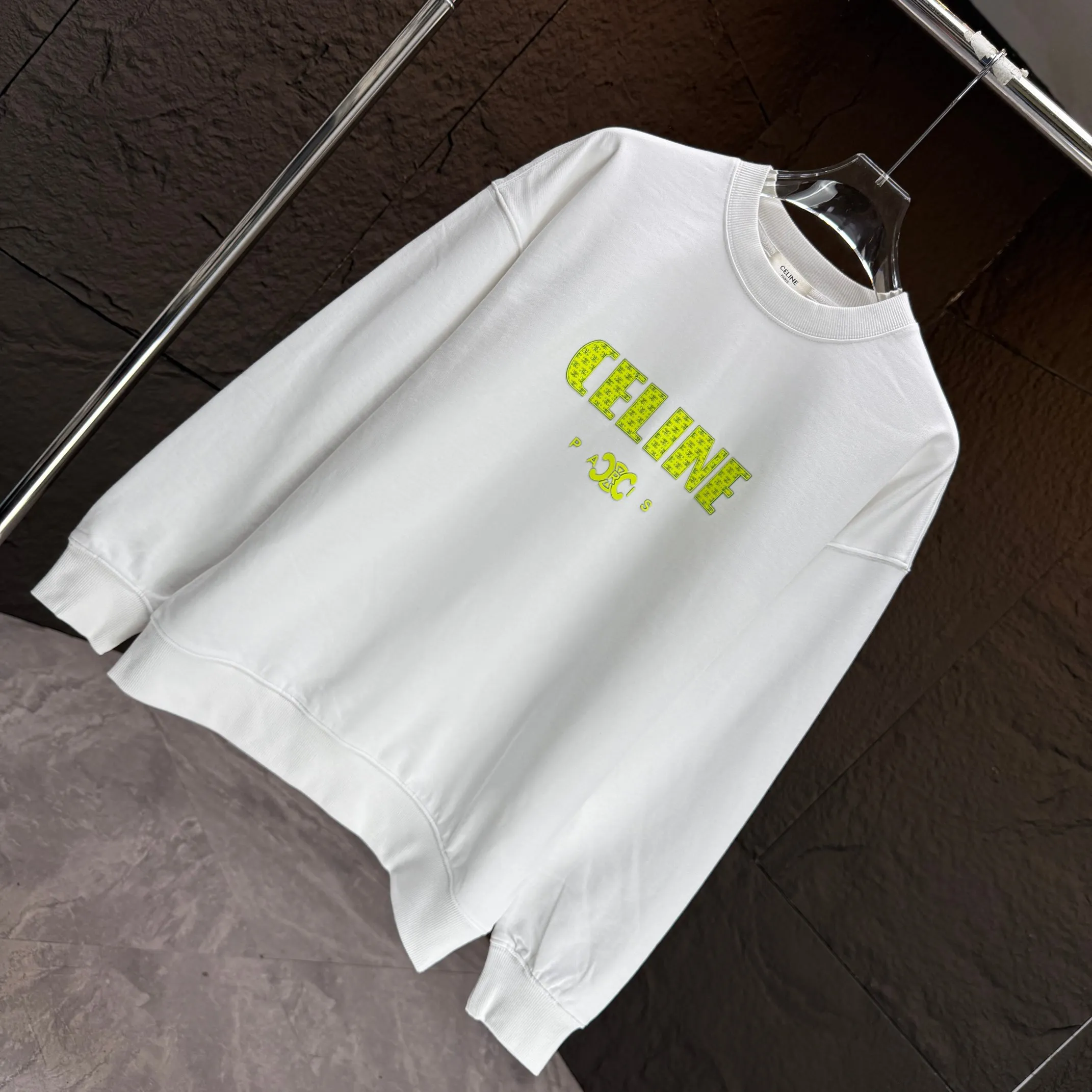 🅿️250 CELIN* 2025 autumn and winter new round neck sweatshirt 400g terry cotton letter logo three-dimensional silicone Color: Black White Purple Gray Size: S M L XL XXL