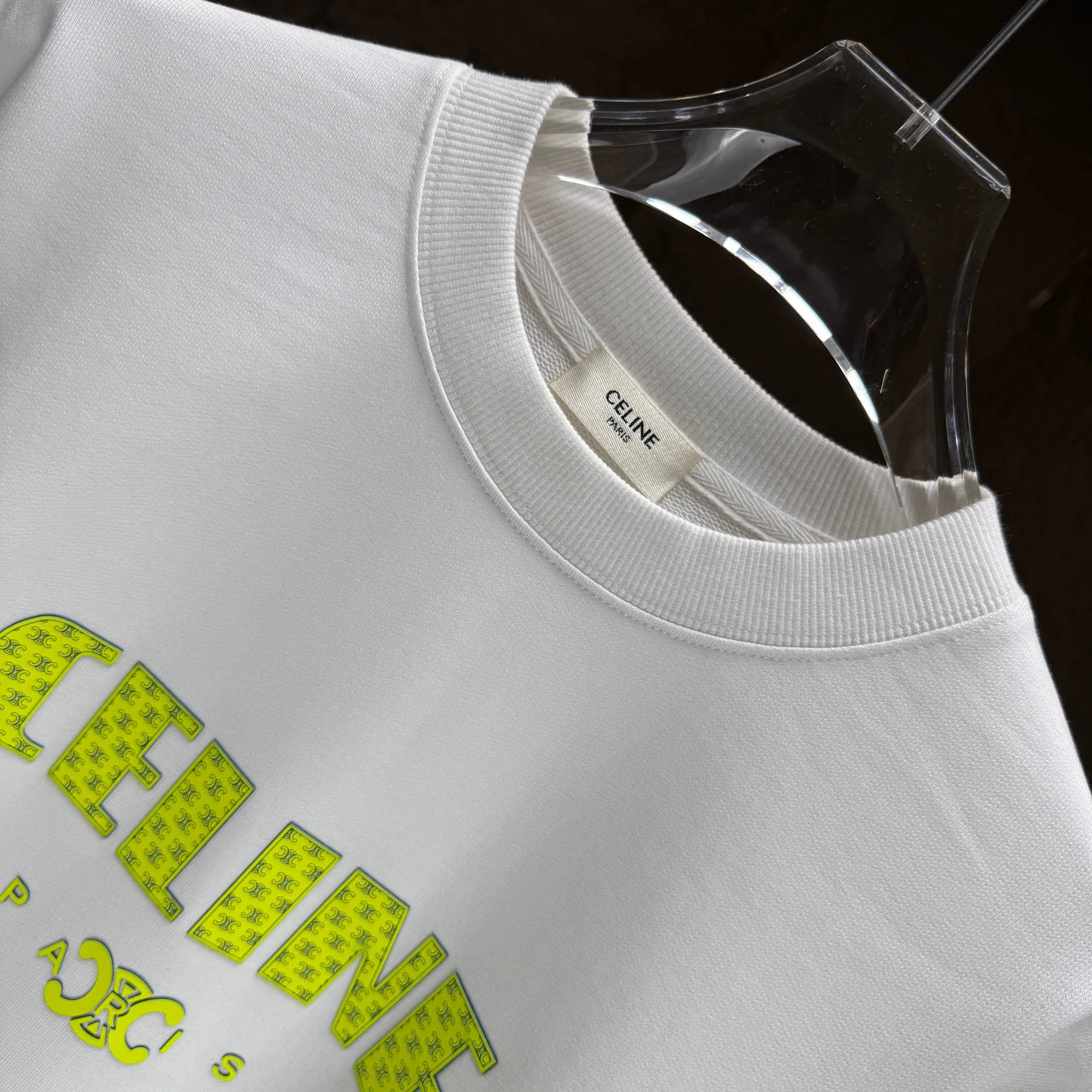 🅿️250 CELIN* 2025 autumn and winter new round neck sweatshirt 400g terry cotton letter logo three-dimensional silicone Color: Black White Purple Gray Size: S M L XL XXL