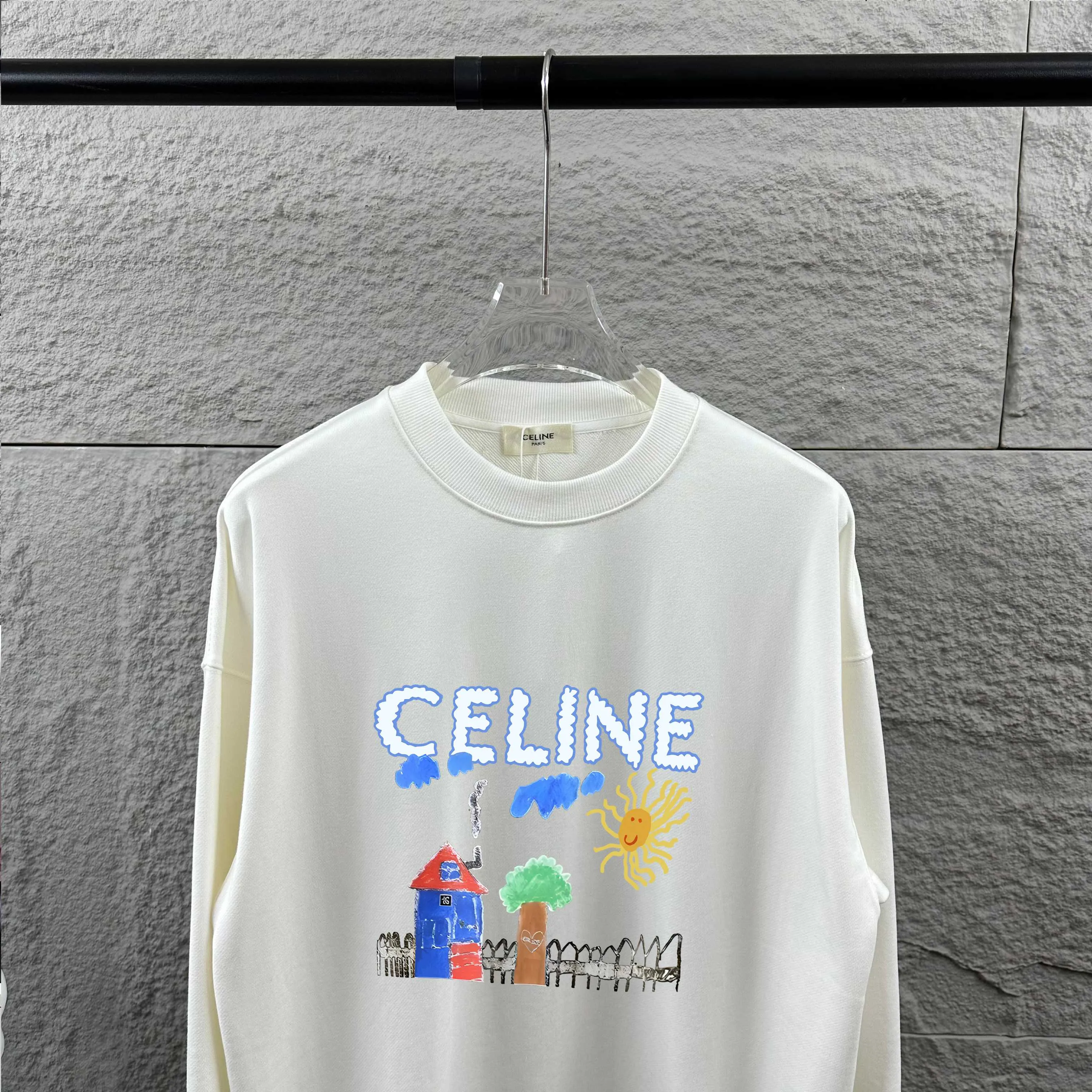 🅿️240 Celi*ne Celi*ne 2025 early autumn and winter new style, full of vitality, printed personalized logo, customized terry fabric, long-sleeved round neck sweatshirt, same style for men and women. Size: S (90-130 catties) M (120-150 catties) L (140-165 catties) XL (160-180 catties) XXL (180-210 pounds) Color: black white