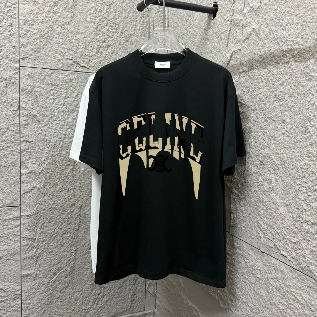 🅿️180 Celi* Celi Celin 2025 spring and summer style Simple letter printing personalized logo Customized double yarn plain cotton fabric Short-sleeved T-shirt Unisex Size: S (90-130 catties) M (120-150 catties) L (140-165 catties) XL (160-180 catties) XXL (180-210 catties) Color: black white