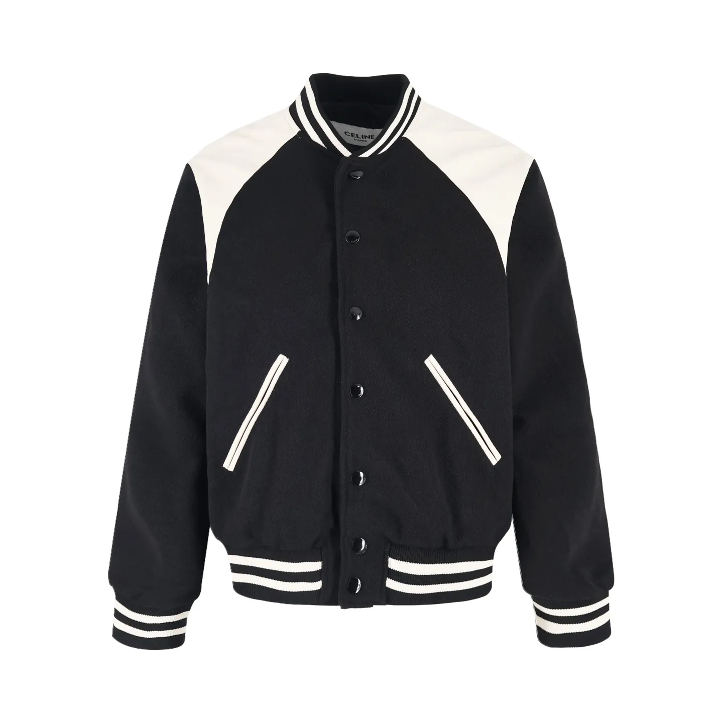 🅿️1160 [Exclusive supply] Celine 24SS patchwork leather baseball jacket. The original version was purchased for 24,000 and developed. It took 1 month to customize the 90% woolen material. Excluding the patchwork part, a single piece of clothing weighs up to 1kg, which is extremely costly. The custom-woven wool jacquard threads imported from Germany will not deform, fade or pill (ordinary machines cannot achieve this effect at all). The top layer of imported lambskin is used. The wrinkle texture is incomparably good. It is hand-cut and meticulously crafted. The stitching position is very technical. Whether the whole garment looks good or not depends on this position. Customized full set of auxiliary materials, engraved electroplated buttons, original mold opening, up to four digits, no difference. Comes with original washed label hangtag. Size:46-48-50-52