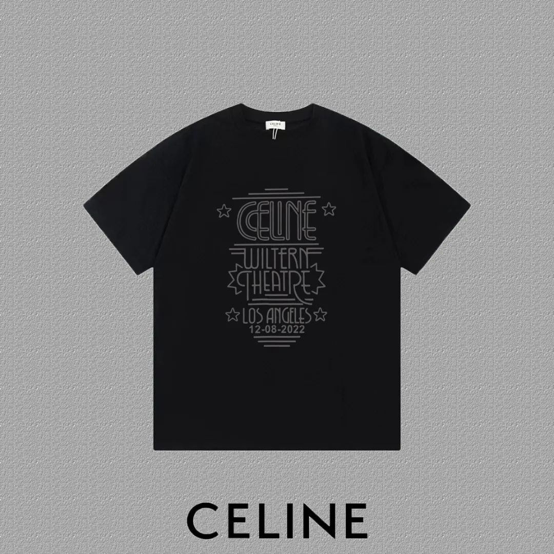 🅿️170 ✨🔥 [CELINE] 2025FW short-sleeved T-shirt, letter LOGO printing, high-end 26s double yarn 300g fabric, heavy fabric, custom stretcher rib, same vat and dye, complete three standards, same style for men and women, color: black, white, size: S M L XL 2XL