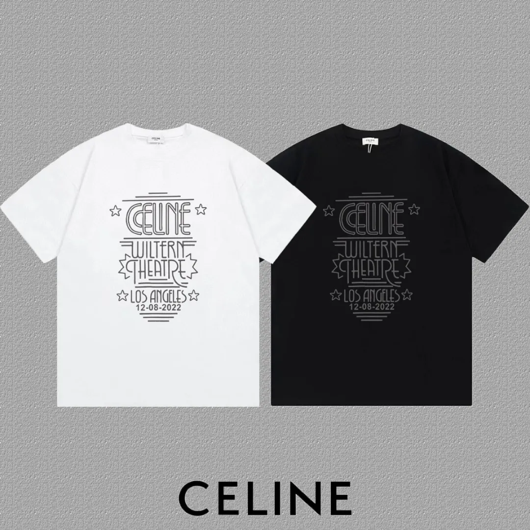 🅿️170 ✨🔥 [CELINE] 2025FW short-sleeved T-shirt, letter LOGO printing, high-end 26s double yarn 300g fabric, heavy fabric, custom stretcher rib, same vat and dye, complete three standards, same style for men and women, color: black, white, size: S M L XL 2XL