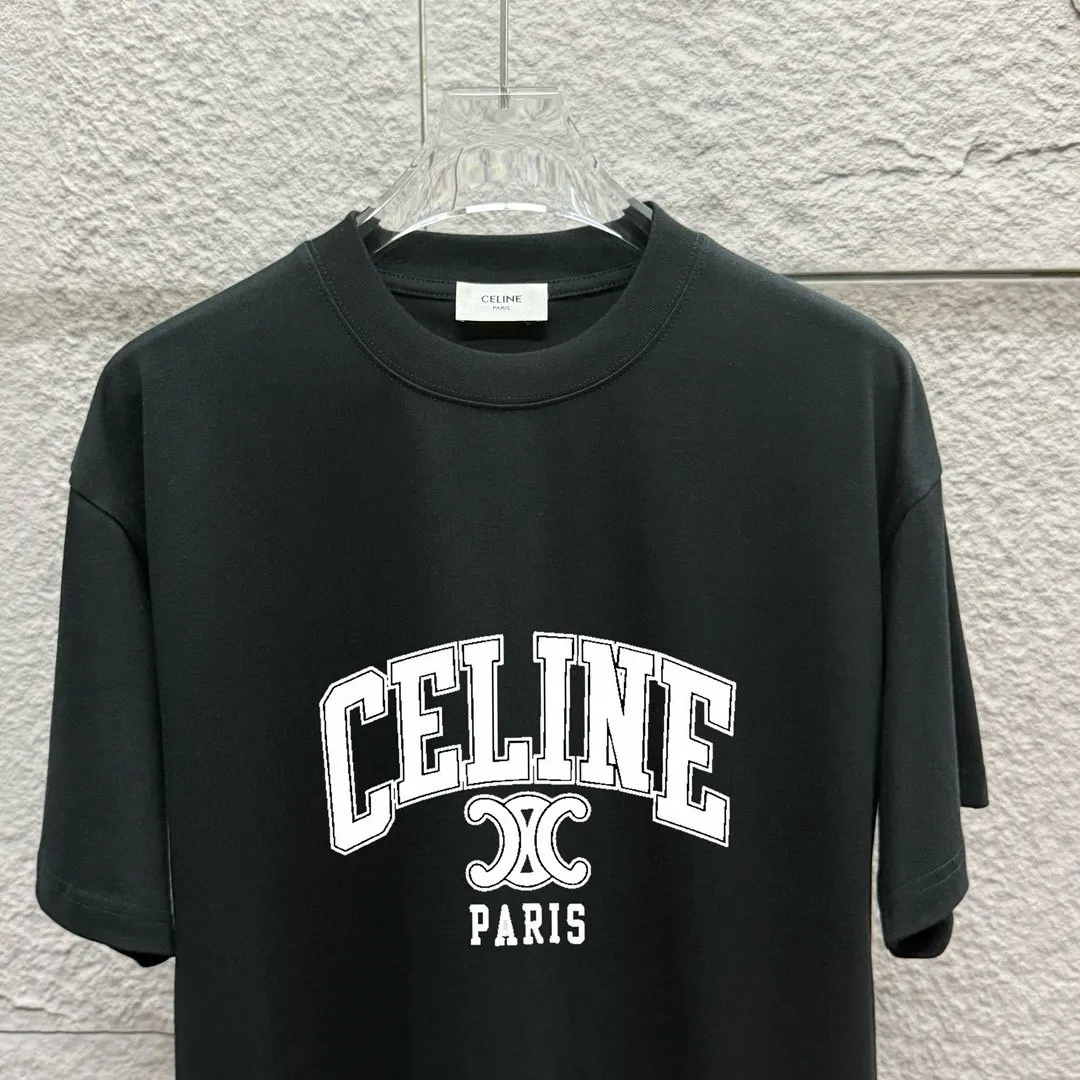 🅿️180 Celi* Celine 2025 spring and summer style Simple letter printing personalized logo Customized double yarn plain cotton fabric Short-sleeved T-shirt Unisex Size: S (90-130 catties) M (120-150 catties) L (140-165 catties) XL (160-180 catties) XXL (180-210 catties) Color: black white