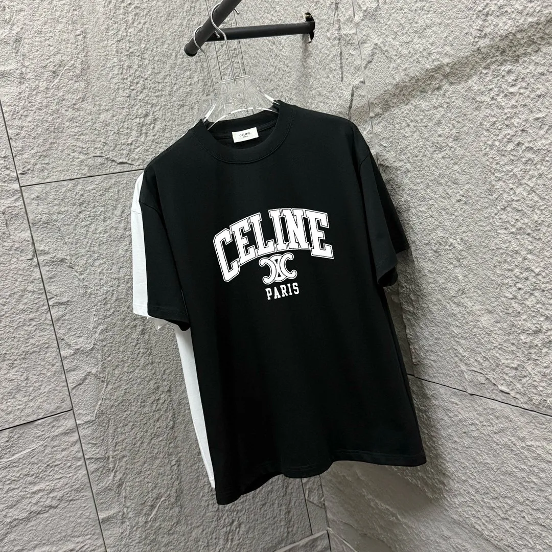 🅿️180 Celi* Celine 2025 spring and summer style Simple letter printing personalized logo Customized double yarn plain cotton fabric Short-sleeved T-shirt Unisex Size: S (90-130 catties) M (120-150 catties) L (140-165 catties) XL (160-180 catties) XXL (180-210 catties) Color: black white