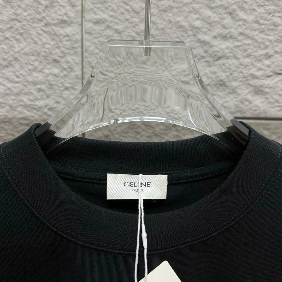 🅿️180 Celi* Celine 2025 spring and summer style Simple letter printing personalized logo Customized double yarn plain cotton fabric Short-sleeved T-shirt Unisex Size: S (90-130 catties) M (120-150 catties) L (140-165 catties) XL (160-180 catties) XXL (180-210 catties) Color: black white