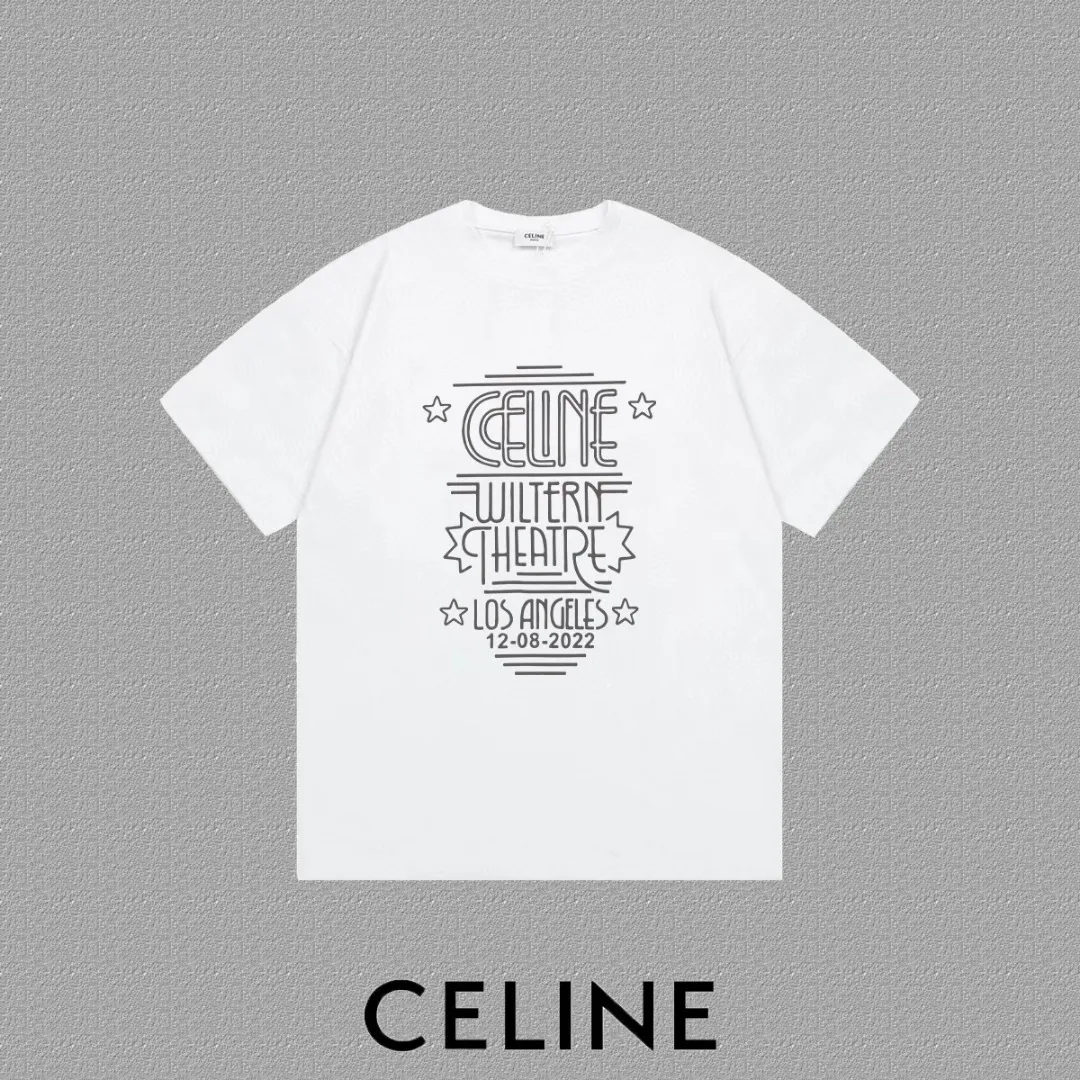 🅿️170 ✨🔥 [CELINE] 2025FW short-sleeved T-shirt, letter LOGO printing, high-end 26s double yarn 300g fabric, heavy fabric, custom stretcher rib, same vat and dye, complete three standards, same style for men and women, color: black, white, size: S M L XL 2XL