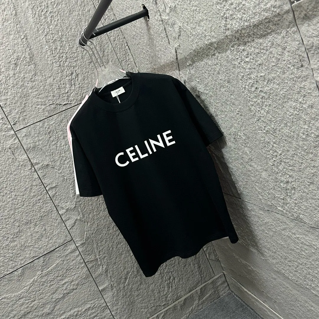 🅿️180 Celine* Celine 2025 Spring and Summer Style Simple letter three-dimensional silicone personalized logo Customized double yarn plain cotton fabric Short-sleeved T-shirt Unisex Size: S (90-130 catties) M (120-150 catties) L (140-165 catties) XL (160-180 catties) XXL (180-210 catties) Color: black white light pink