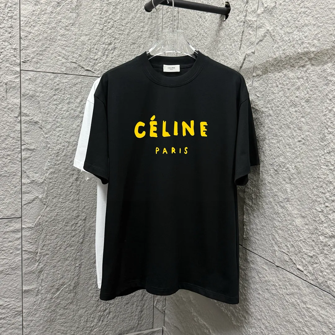 🅿️180 Celi*ne 2025 spring and summer style, simple colorful letters, flocking process, personalized logo, customized double yarn plain cotton fabric, short-sleeved T-shirt, same style for men and women. Size: S (90-130 catties) M (120-150 catties) L (140-165 catties) XL (160-180 catties) XXL (180-210 pounds) Color: black white