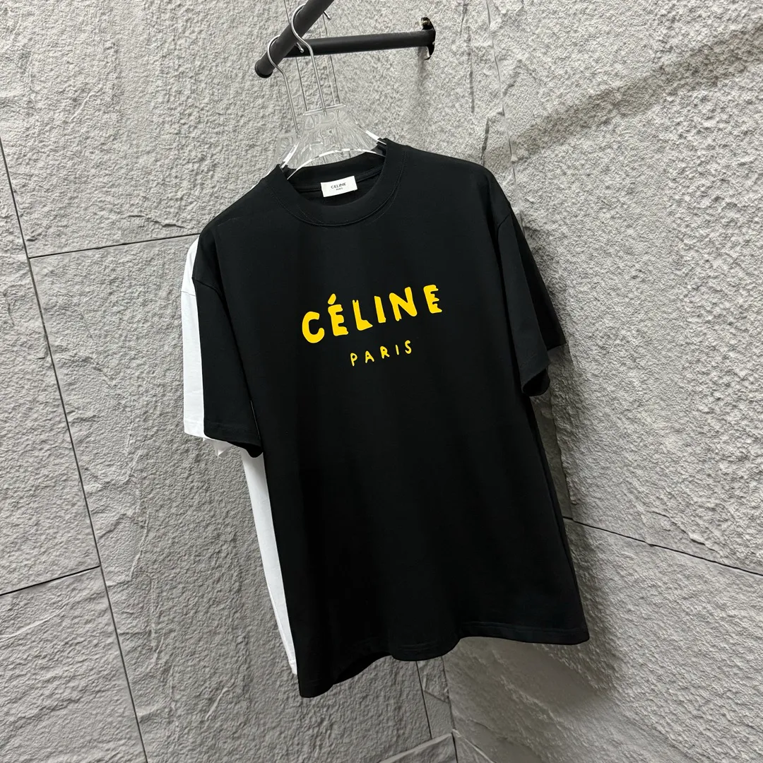 🅿️180 Celi*ne 2025 spring and summer style, simple colorful letters, flocking process, personalized logo, customized double yarn plain cotton fabric, short-sleeved T-shirt, same style for men and women. Size: S (90-130 catties) M (120-150 catties) L (140-165 catties) XL (160-180 catties) XXL (180-210 pounds) Color: black white