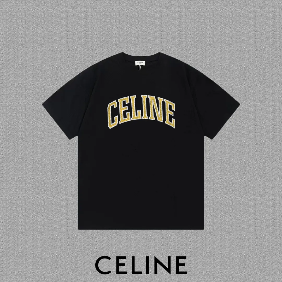 🅿️170 ✨🔥 [CELINE] 2025FW short-sleeved T-shirt, letter LOGO printing, high-end 26s double yarn 300g fabric, heavy fabric, custom stretcher rib, same vat and dye, complete three standards, same style for men and women, color: black, white, size: S M L XL 2XL