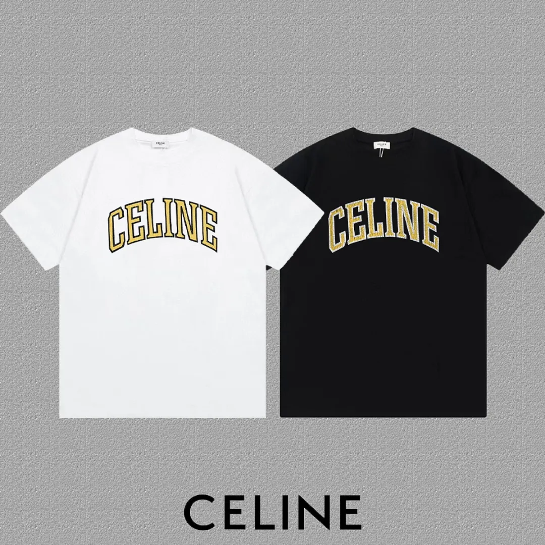 🅿️170 ✨🔥 [CELINE] 2025FW short-sleeved T-shirt, letter LOGO printing, high-end 26s double yarn 300g fabric, heavy fabric, custom stretcher rib, same vat and dye, complete three standards, same style for men and women, color: black, white, size: S M L XL 2XL