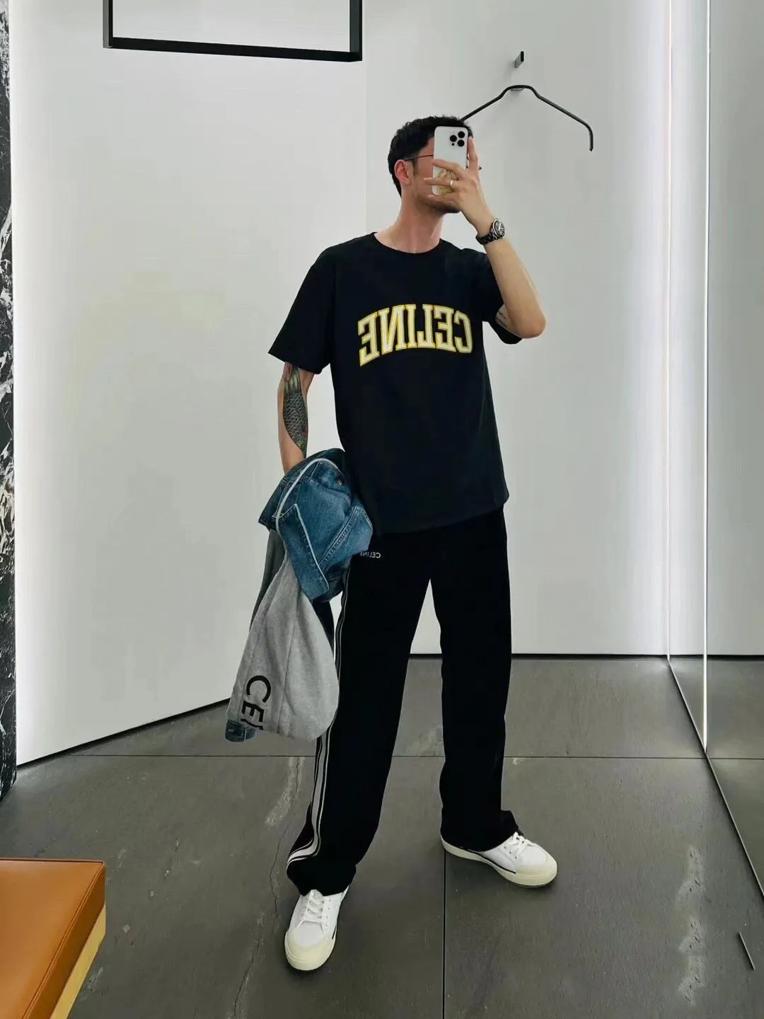 🅿️170 ✨🔥 [CELINE] 2025FW short-sleeved T-shirt, letter LOGO printing, high-end 26s double yarn 300g fabric, heavy fabric, custom stretcher rib, same vat and dye, complete three standards, same style for men and women, color: black, white, size: S M L XL 2XL