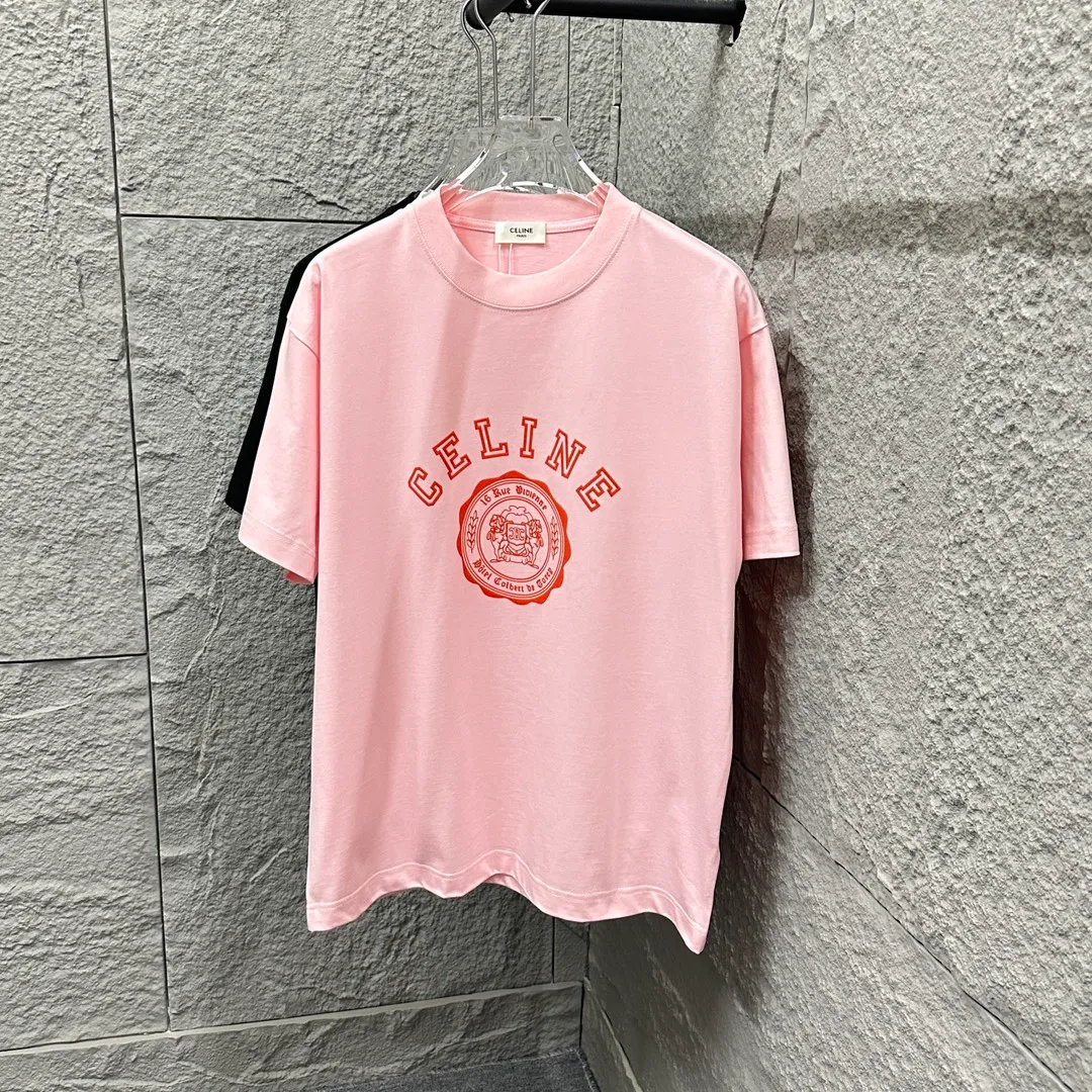 🅿️190 Celi* Celine 2025 spring and summer style Simple letter flocking process personalized logo Customized double yarn plain cotton fabric Short-sleeved T-shirt Unisex Size: S (90-130 catties) M (120-150 catties) L (140-165 catties) XL (160-180 catties) XXL (180-210 catties) Color: black white light pink