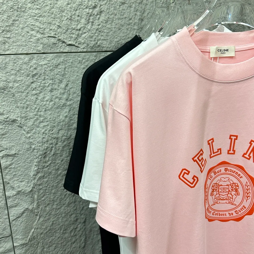 🅿️190 Celi* Celine 2025 spring and summer style Simple letter flocking process personalized logo Customized double yarn plain cotton fabric Short-sleeved T-shirt Unisex Size: S (90-130 catties) M (120-150 catties) L (140-165 catties) XL (160-180 catties) XXL (180-210 catties) Color: black white light pink