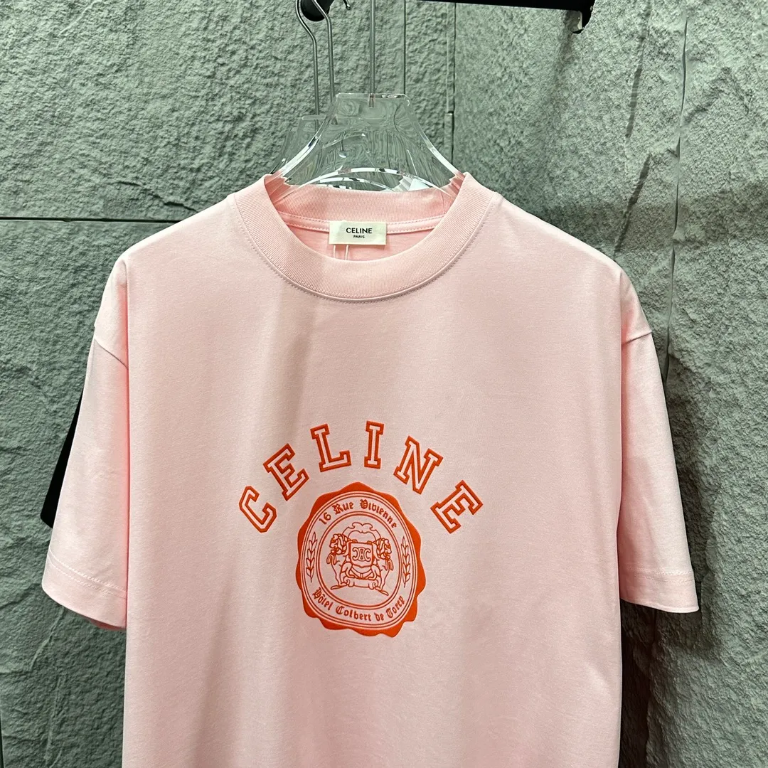 🅿️190 Celi* Celine 2025 spring and summer style Simple letter flocking process personalized logo Customized double yarn plain cotton fabric Short-sleeved T-shirt Unisex Size: S (90-130 catties) M (120-150 catties) L (140-165 catties) XL (160-180 catties) XXL (180-210 catties) Color: black white light pink