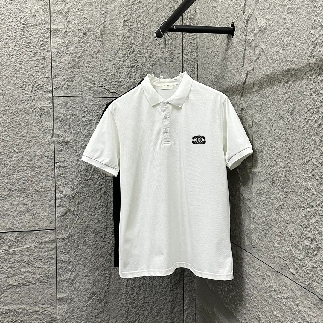 🅿️180 CELIN* Selin* short-sleeved POLO 2025 spring and summer new style, simple small embroidered pique fabric, short-sleeved polo stand-up collar, same style for men and women Size: M L XL 2XL 3XL Color: black white