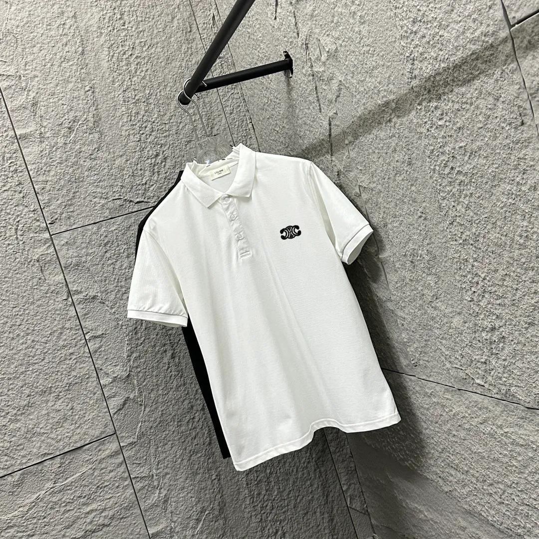🅿️180 CELIN* Selin* short-sleeved POLO 2025 spring and summer new style, simple small embroidered pique fabric, short-sleeved polo stand-up collar, same style for men and women Size: M L XL 2XL 3XL Color: black white
