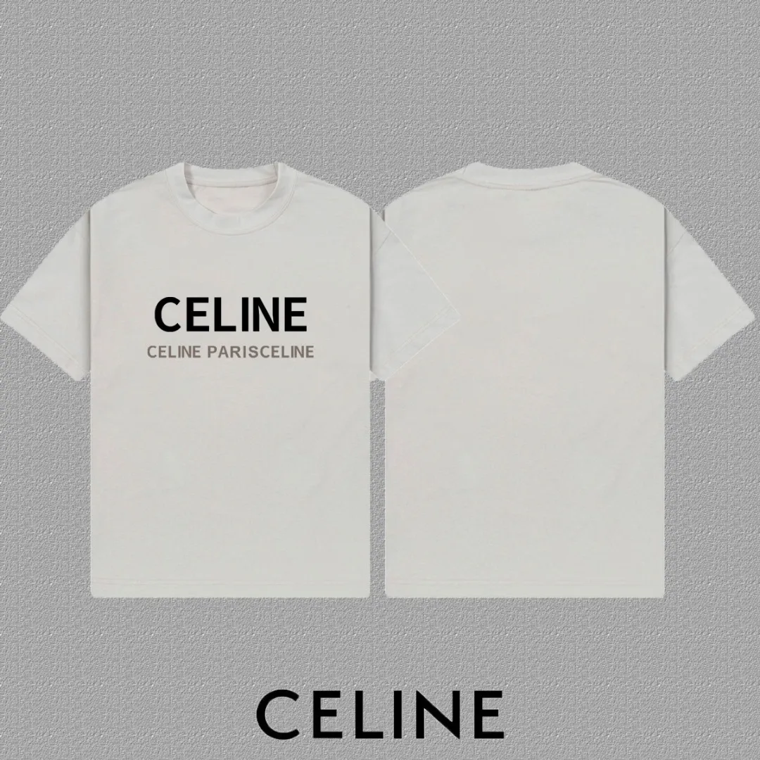 🅿️170 ✨🔥 [CELINE] 2025FW short-sleeved T-shirt, letter LOGO printing, high-end 26s double yarn 300g fabric, heavy fabric, custom stretcher rib, same vat and dye, complete three standards, same style for men and women, color: black, white, gray, size: S M L XL 2XL