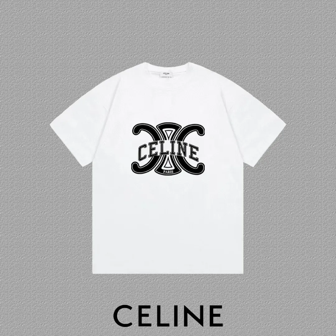 🅿️170 ✨🔥 [CELINE] 2025FW short-sleeved T-shirt, letter LOGO printing, high-end 26s double yarn 300g fabric, heavy fabric, custom stretcher rib, same vat and dye, complete three standards, same style for men and women, color: black, white, gray, size: S M L XL 2XL