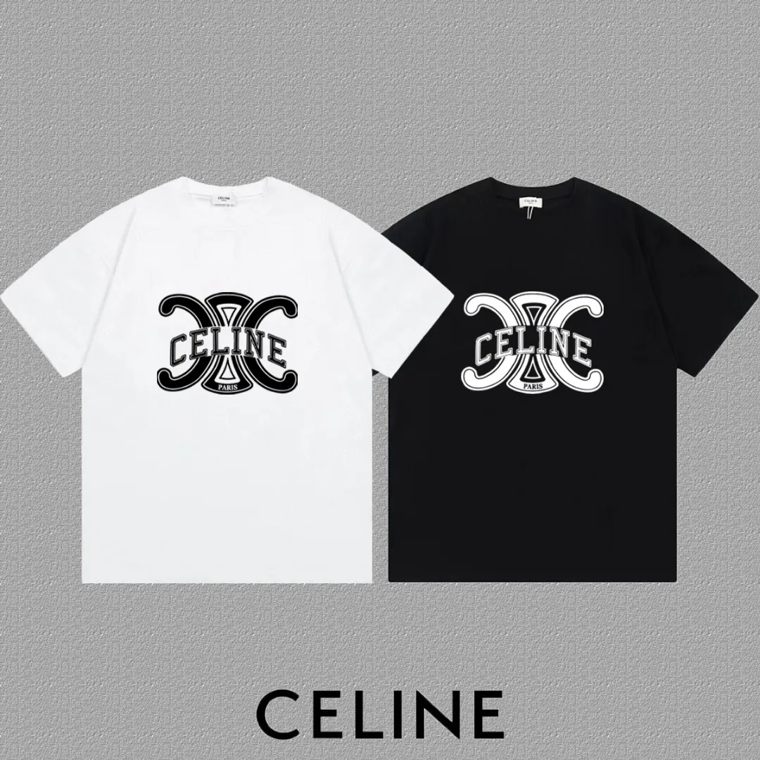 🅿️170 ✨🔥 [CELINE] 2025FW short-sleeved T-shirt, letter LOGO printing, high-end 26s double yarn 300g fabric, heavy fabric, custom stretcher rib, same vat and dye, complete three standards, same style for men and women, color: black, white, gray, size: S M L XL 2XL