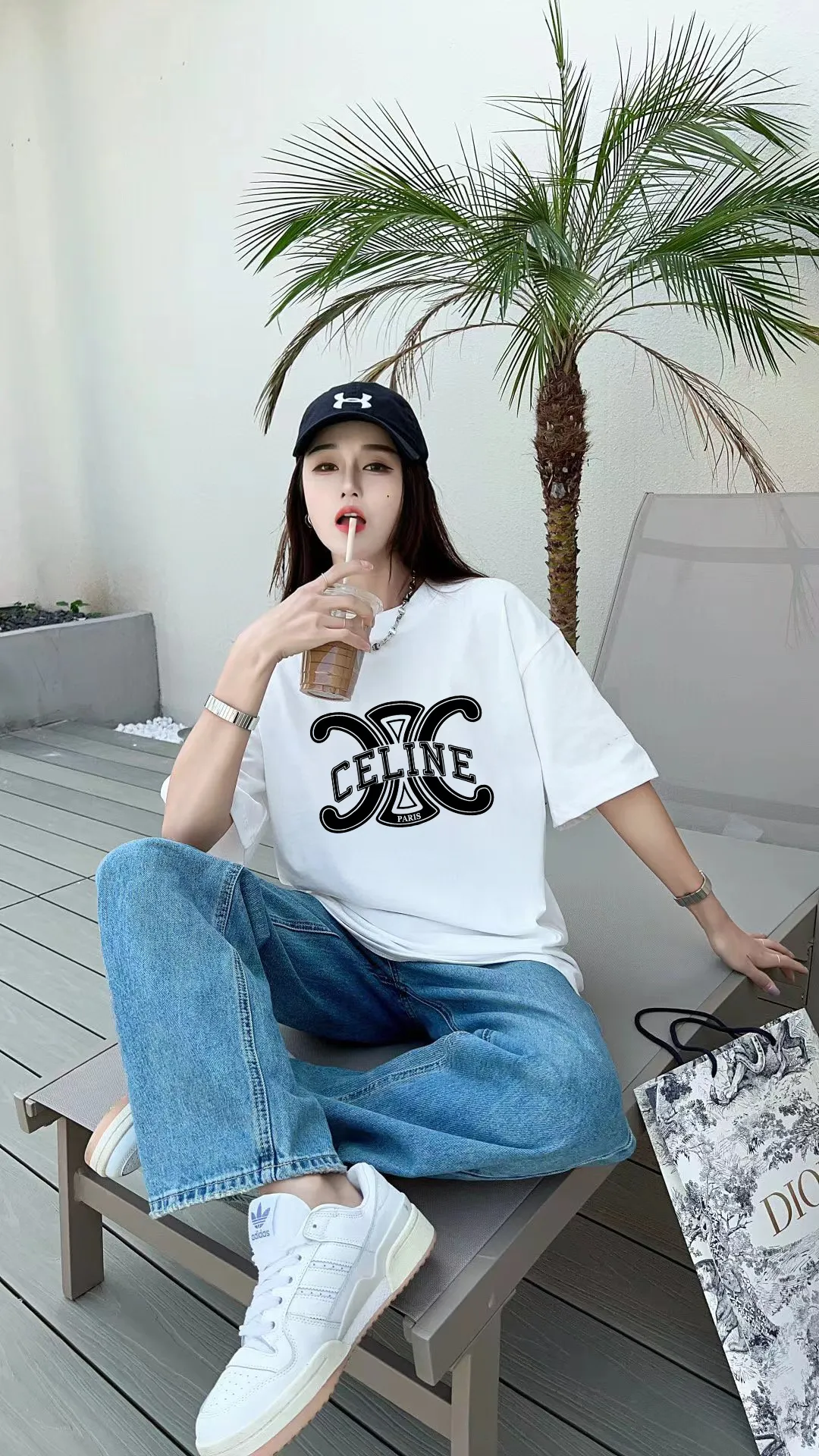 🅿️170 ✨🔥 [CELINE] 2025FW short-sleeved T-shirt, letter LOGO printing, high-end 26s double yarn 300g fabric, heavy fabric, custom stretcher rib, same vat and dye, complete three standards, same style for men and women, color: black, white, gray, size: S M L XL 2XL