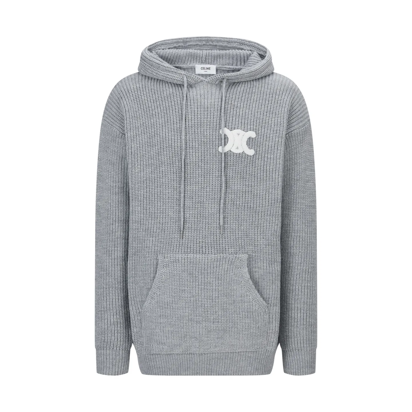 🅿️500 [Original quality] CELINE Celine embroidered logo knitted hoodie Fabric: Made of 55 merino wool yarn and cotton yarn. The finished product woven from this fabric has a three-dimensional shape, a soft hand feel, and no binding on the upper body.  Accessories: The hat rope tail clip adopts electroplating engraving process to restore the brand logo.  Craftsmanship: The embroidery uses towel embroidery technology and cashmere yarn to restore the original 1:1 details.  Process: Garment washing removes impurities on the wool surface - adding hand feel - fixing the pattern.  TRIOMPHE embroidered loose fit hood with adjustable drawstring, metal hoop engraved with CELINE PARIS 1 kangaroo pocket ribbed trim Accessories: Customized 1:1 washed logo Accessories: Customized 1:1 rope tail clip Craftsmanship: Customized 1:1 towel embroidery Size: S-M-L-XL Color: Gray