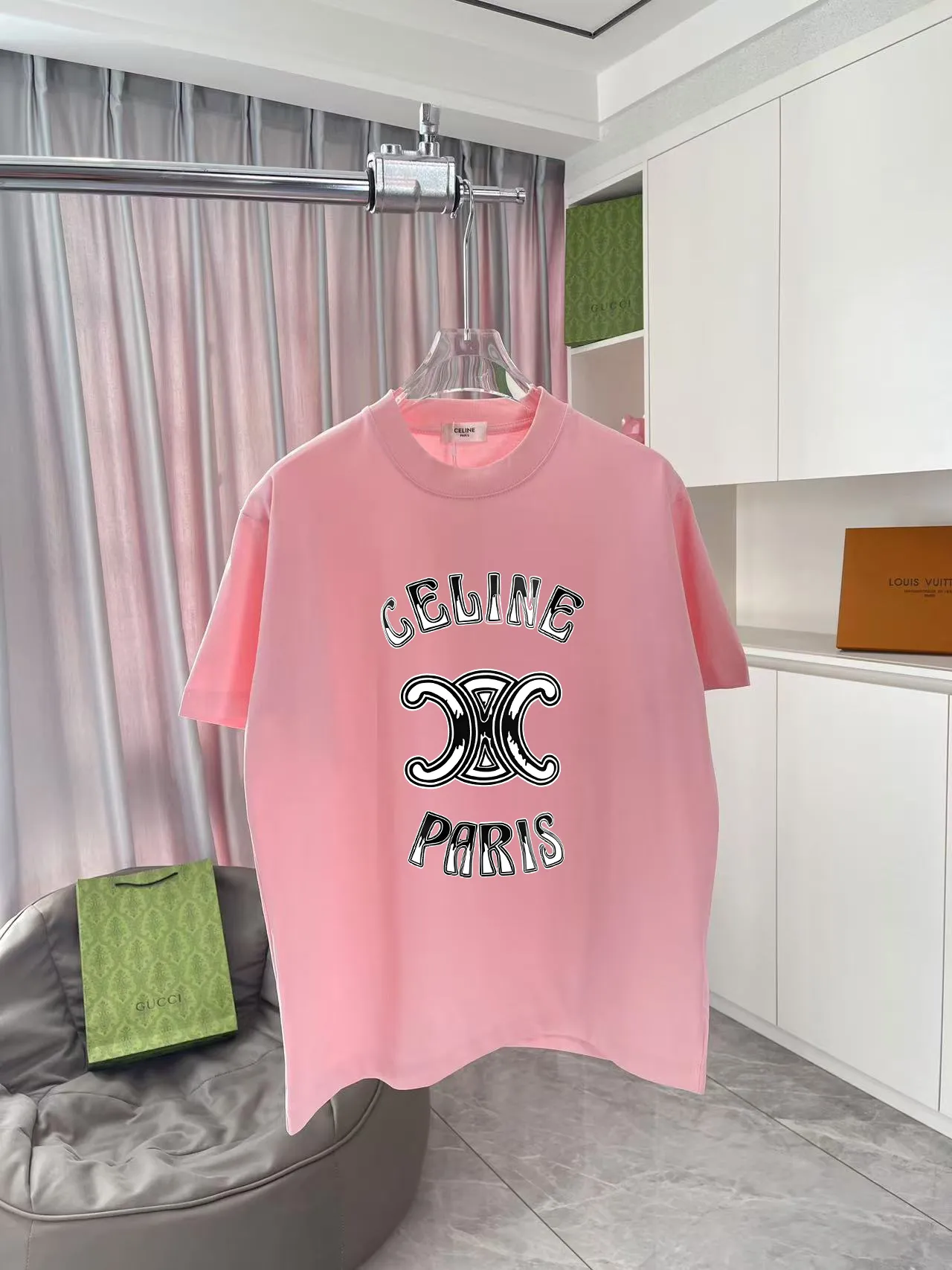 🅿️170 Celine 2025 summer new style personalized letter logo printing customized fabric 300g short-sleeved T-shirt for men and women size: S M L XL XXL five sizes color: black white pink sky blue