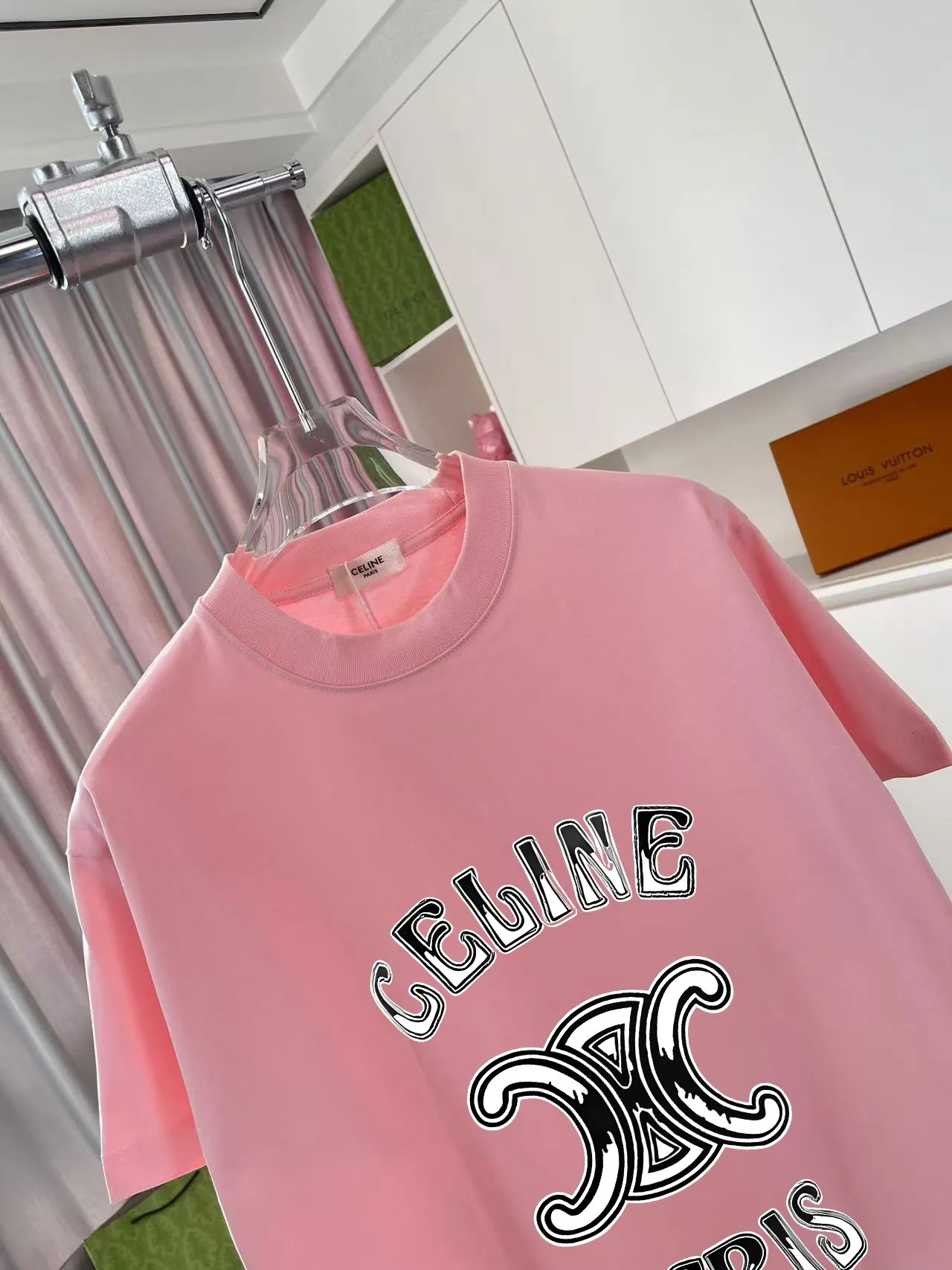 🅿️170 Celine 2025 summer new style personalized letter logo printing customized fabric 300g short-sleeved T-shirt for men and women size: S M L XL XXL five sizes color: black white pink sky blue