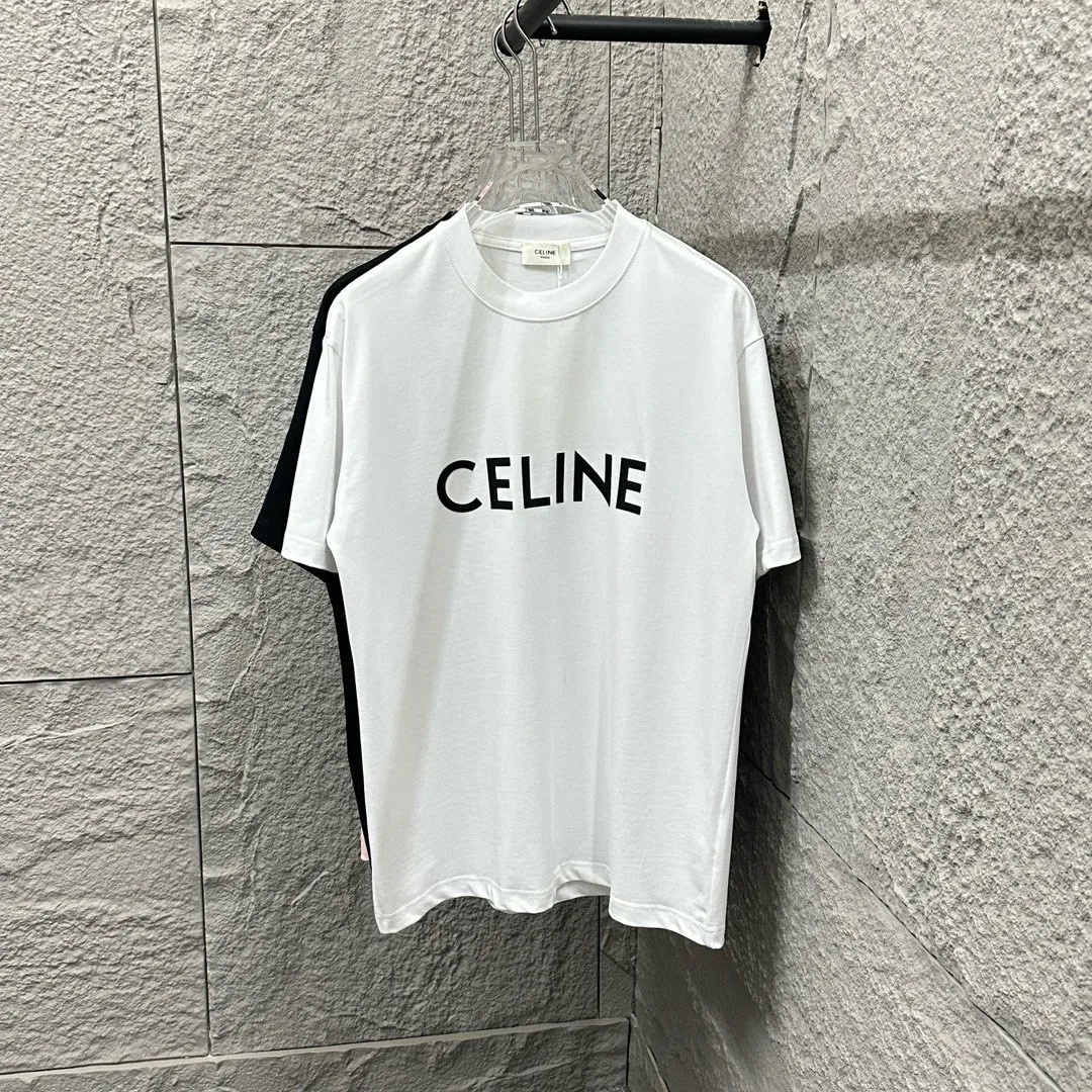🅿️180 Celine* Celine 2025 Spring and Summer Style Simple letter three-dimensional silicone personalized logo Customized double yarn plain cotton fabric Short-sleeved T-shirt Unisex Size: S (90-130 catties) M (120-150 catties) L (140-165 catties) XL (160-180 catties) XXL (180-210 catties) Color: black white light pink
