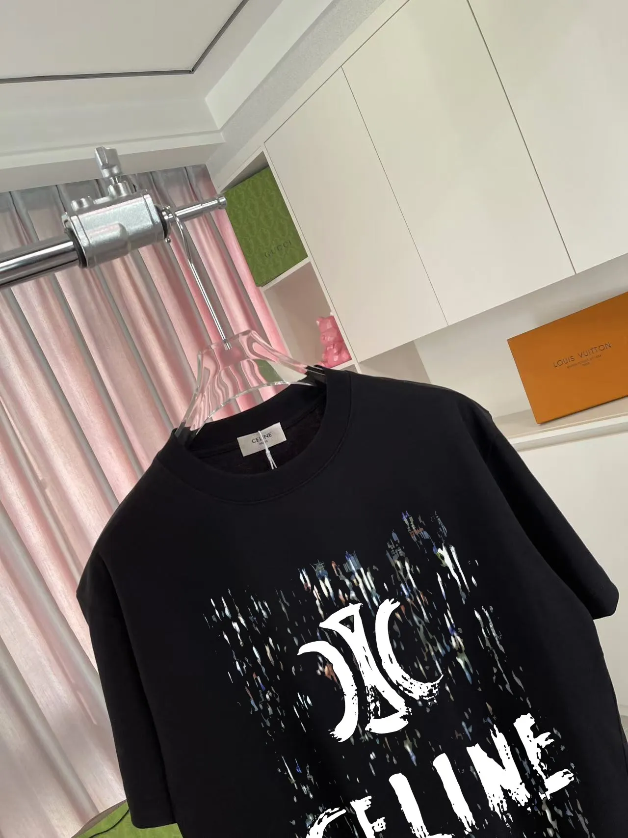 🅿️170 Celine Celine 2025 summer new style personalized letter logo printing customized fabric 300g short-sleeved T-shirt same style for men and women Size: S M L XL XXL five sizes Color: black white pink iron gray
