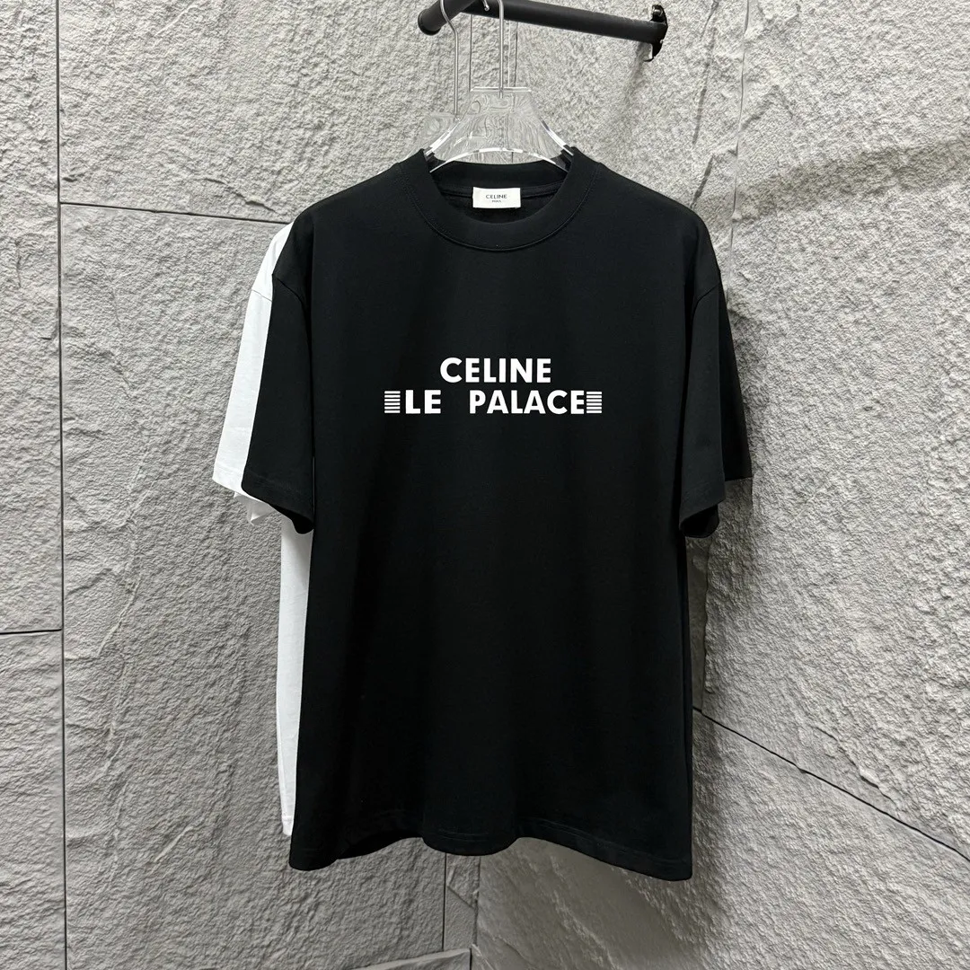 🅿️180 Celi*ne Celin 2025 spring and summer style simple letters three-dimensional silicone technology personalized logo customized double yarn plain cotton fabric short-sleeved T-shirt for men and women. Size: S (90-130 catties) M (120-150 catties) L (140-165 catties) XL (160-180 catties) XXL (180-210 pounds) Color: black white