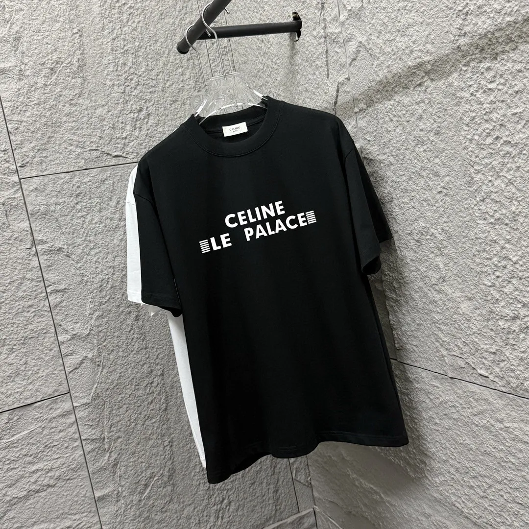 🅿️180 Celi*ne Celin 2025 spring and summer style simple letters three-dimensional silicone technology personalized logo customized double yarn plain cotton fabric short-sleeved T-shirt for men and women. Size: S (90-130 catties) M (120-150 catties) L (140-165 catties) XL (160-180 catties) XXL (180-210 pounds) Color: black white